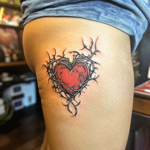 Mother heart tattoo with a heart wrapped in vines and thorns