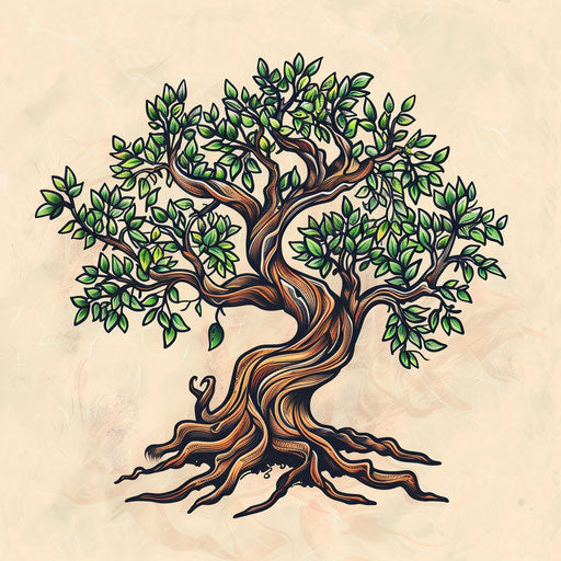 Flat tattoo sketch of a tree of life with lush green leaves