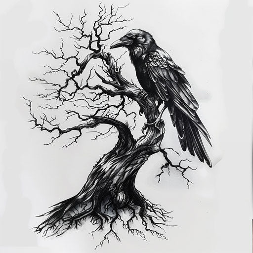 Dead tree with raven, symbol of wisdom and mortality