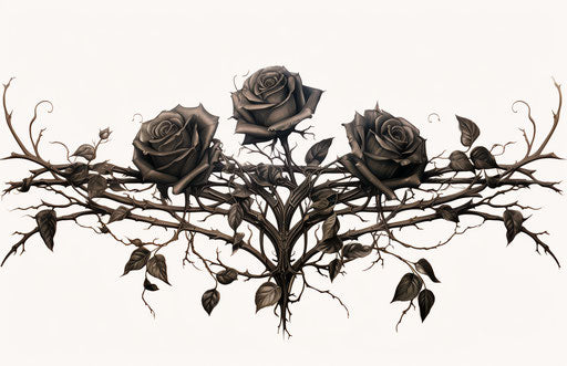 Black roses with thorns, glitchy style, symmetrical
