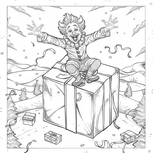 Whimsical clown jumping out of a large gift box