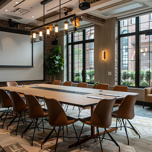 Spacious conference room with large table and screen