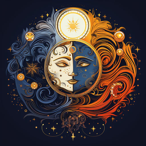 Alchemy symbol of sun and moon, graphic design in navy and light maroon