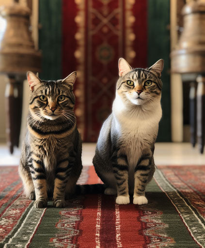 Two cats walking on a rug with dotted and striped pattern