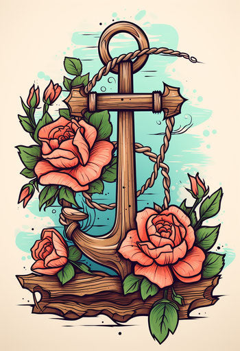 An anchor with roses and a wooden board at the end