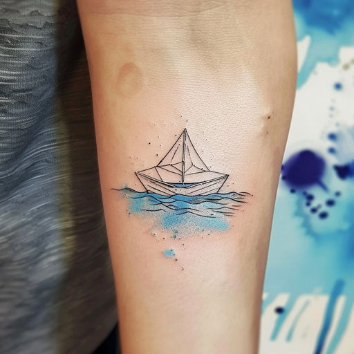 Chic minimalist tattoo sketch of a paper boat floating on a watercolor blue sea