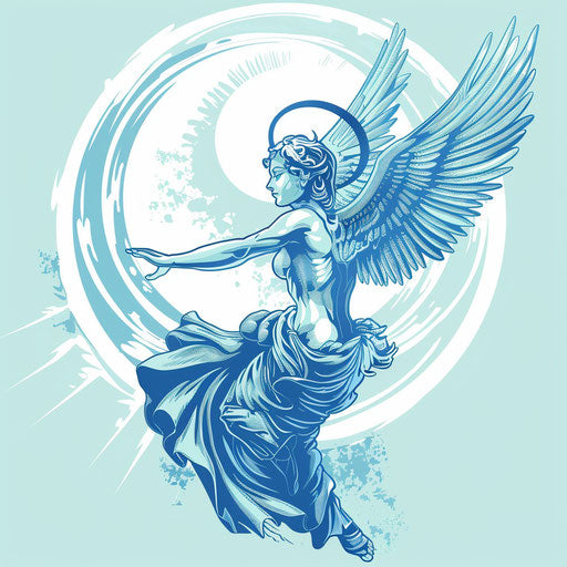 Flat tattoo sketch of an angel in flight for a Sak Yant