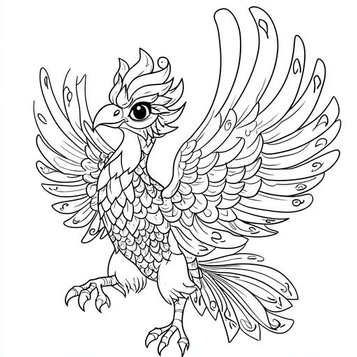 Coloring book page with expressive phoenix for kids