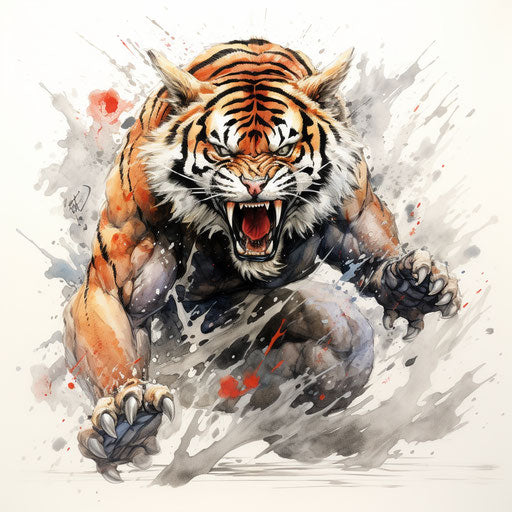 Angry tiger in the style of Japanese folklore-inspired art