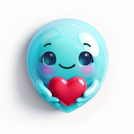 Cute blue joy face holding heart icon, in precise and lifelike style