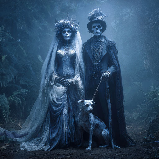 A couple in costume in a misty, dark forest