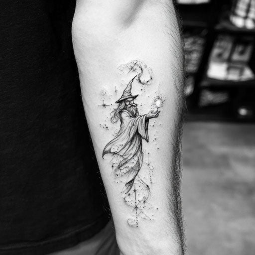 Inner forearm tattoo with a wizard casting a spell