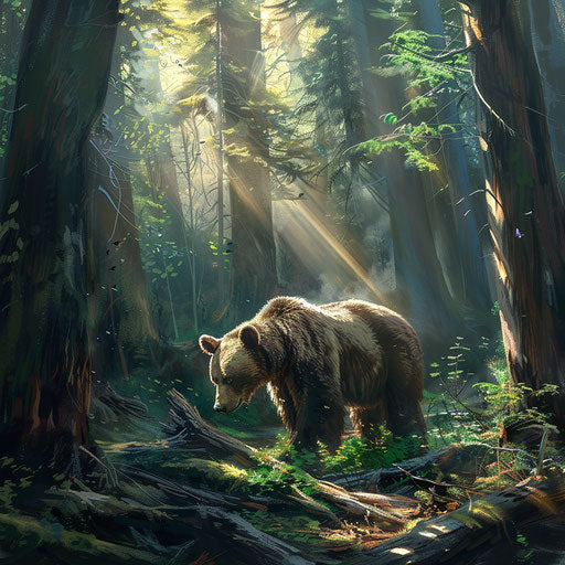 Solitary bear in colorful forest with sunlight filtering