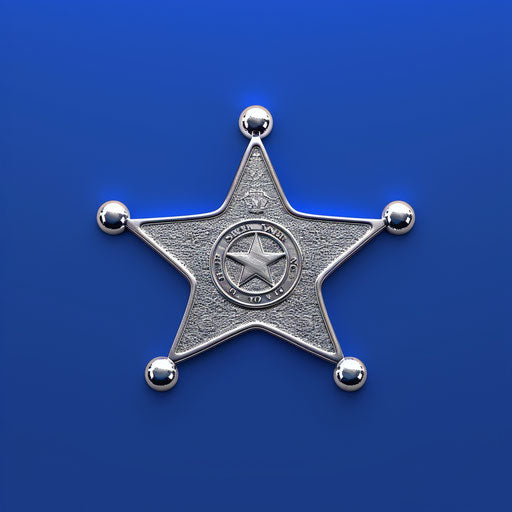 Realistic sheriff badge shining on royal blue background