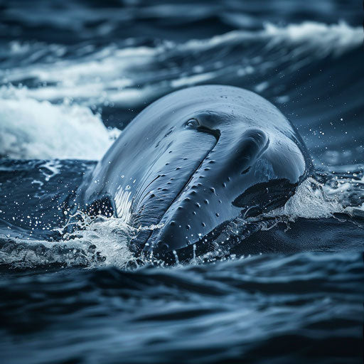 Blue whale surfacing for air with water splashing around