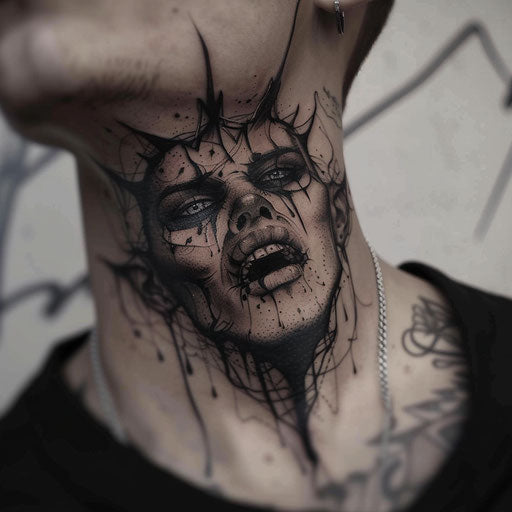 Neck tattoo men eerie demonic faces Gerald Brom style