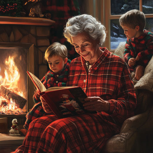 A grandmother in classic plaid pajamas, reading a Christmas story to her grandchildren by the fire.