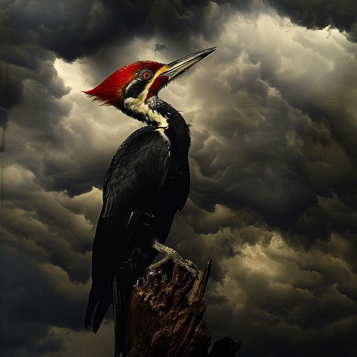 Ivory billed woodpecker against a dramatic stormy sky