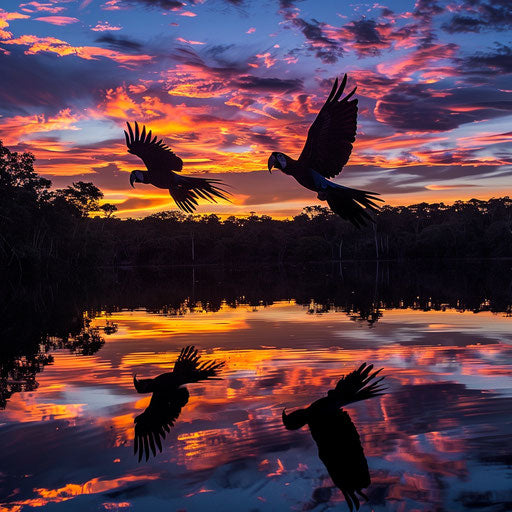 Pair of Spix's macaws in flight, silhouetted against fiery sunset