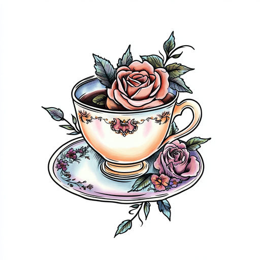 Beautiful tattoo sketch of cute clipart style with teacup