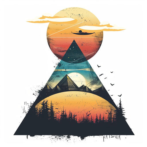 Subtle tattoo sketch with pyramid landscape and sunset backdrop