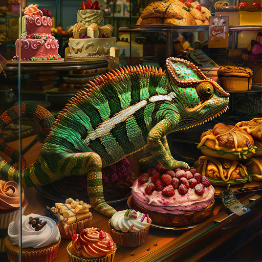 Chameleon in a bakery, blending in with colorful pastries and cakes