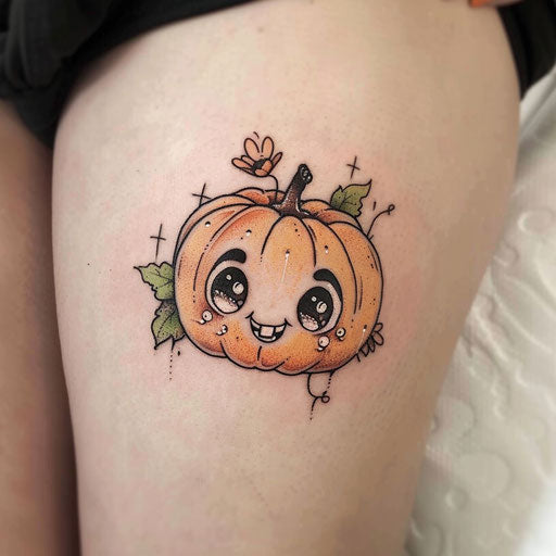 Sweet tattoo illustration of a cartoon pumpkin with big eyes in pastel hues