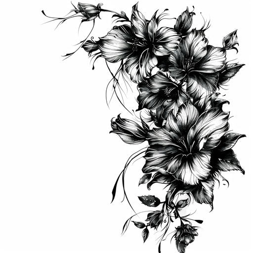 Gothic floral tattoo, dark and intricate, contrasting with white