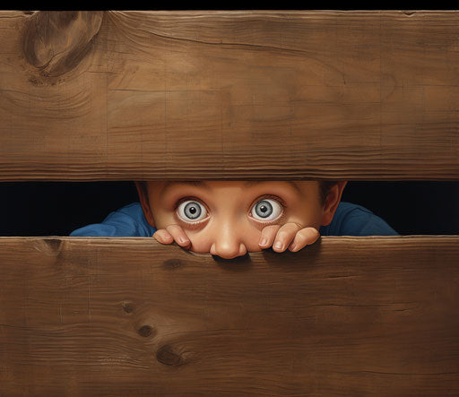 Baby with big blue eyes peeking through a wooden table