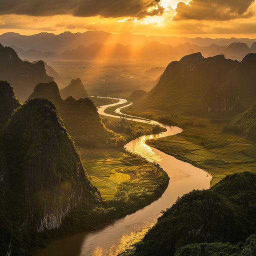Marble Mountain, Vietnam with winding river, golden light