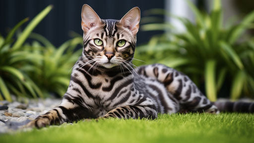 Bengal cat on grass, dark silver and dark maroon