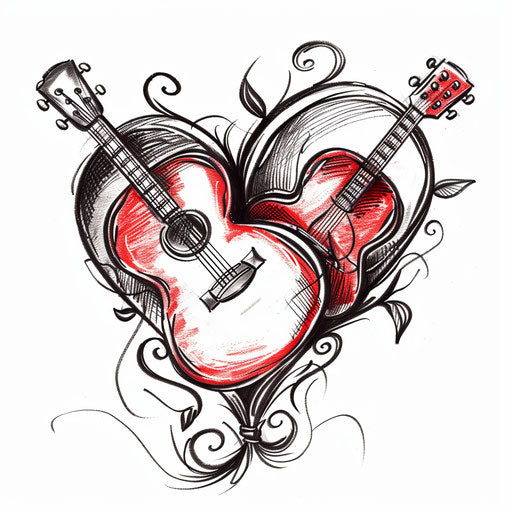 Romantic tattoo sketch of intertwined guitars, red and black
