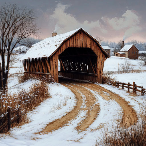 Wooden covered bridge in winter, snow on ground and road, farm buildings behind, small town in background, Michael Whelan art style