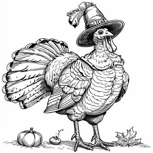 Turkey in pilgrim outfit, coloring book page