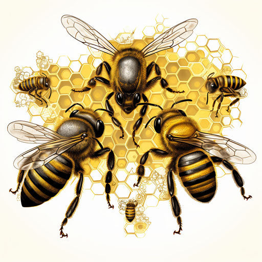 Set of cute honey bee characters with one in front and side, detailed in the style of pen and ink work, precisionist art