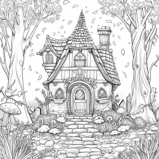 Whimsical fairy tale house surrounded by magical creatures