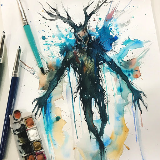 Artistic sketch of a Wendigo emerging from a mist of watercolor strokes