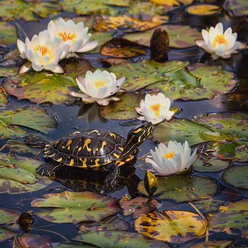 Yellow spotted turtle navigating through a carpet of water lilies