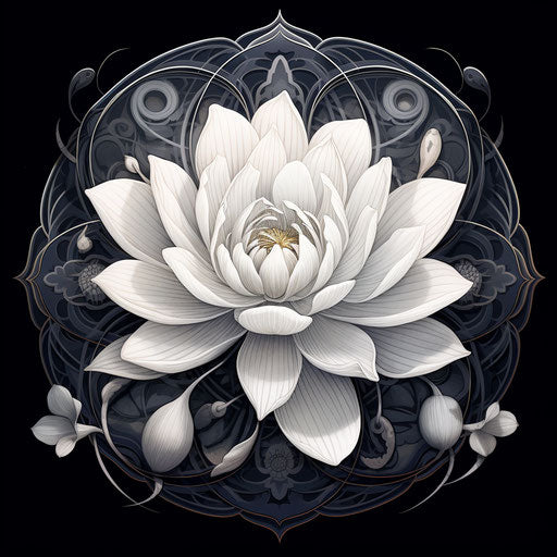 Lotus flower in black and white, folk-inspired engraving