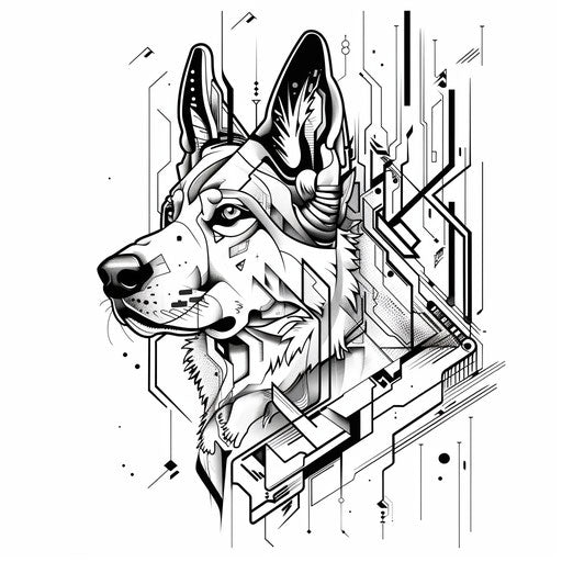 Futuristic cyber-inspired dog tattoo sketch with digital lines