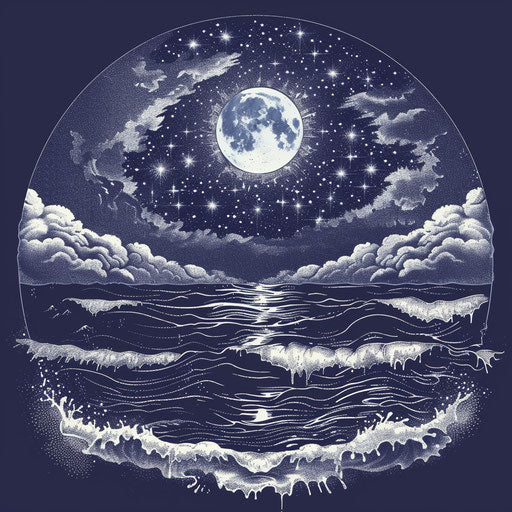 Celestial tattoo sketch of a moonlit sea and starry sky