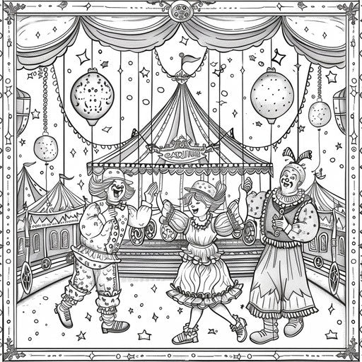 Playful scene of clowns juggling balloons at the circus