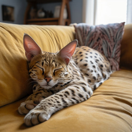 A serval cat sleeping on a couch with its owner