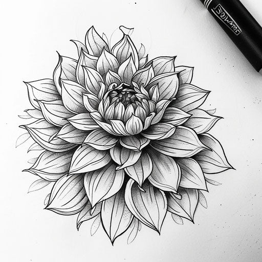 Monochrome dahlia tattoo sketch with detailed line art