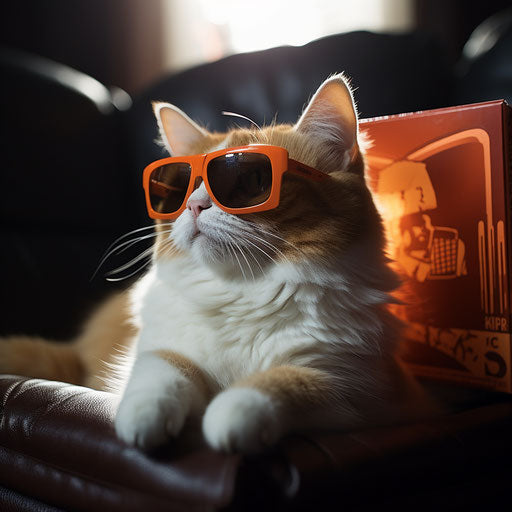 Orange and white cat sitting in cardboard box wearing sunglasses, in movie still style, solarizing master