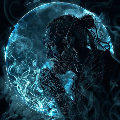 Reflective tattoo sketch of Baldur looking into a well of wisdom