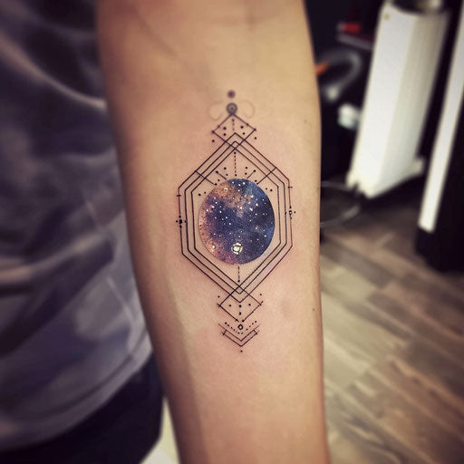 Simplistic and clean flat tattoo sketch of a single hexagon with a cosmic background
