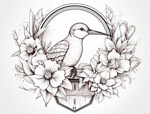 Hummingbird and orchids in black and white tattoo style