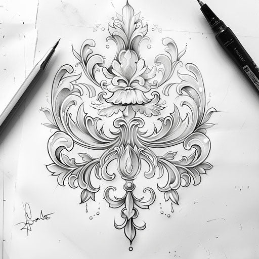 Baroque tattoo sketch of a Batok design with ornate details and