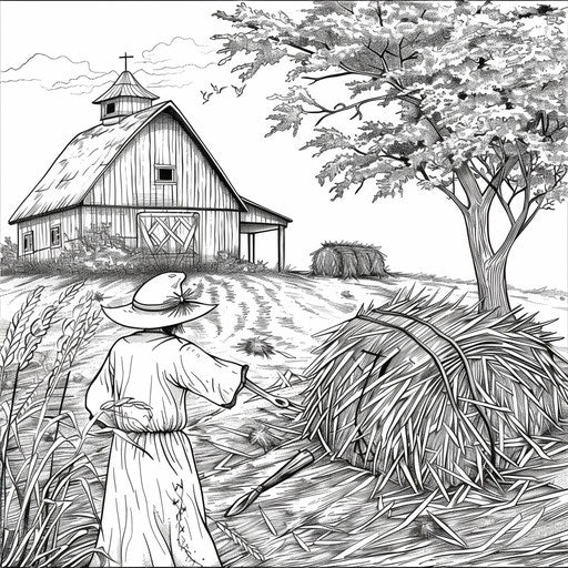 Old barn with scarecrow and hay bales, coloring book page